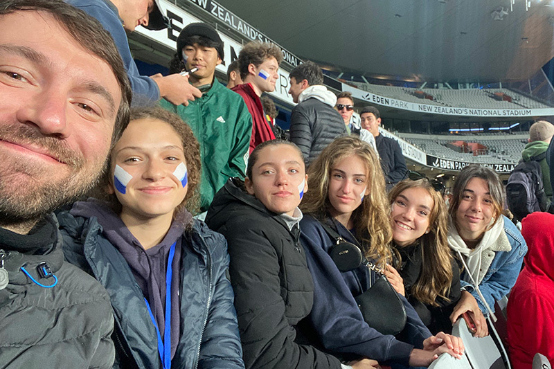 Macleans College international students from France at a rugby game at Eden Park