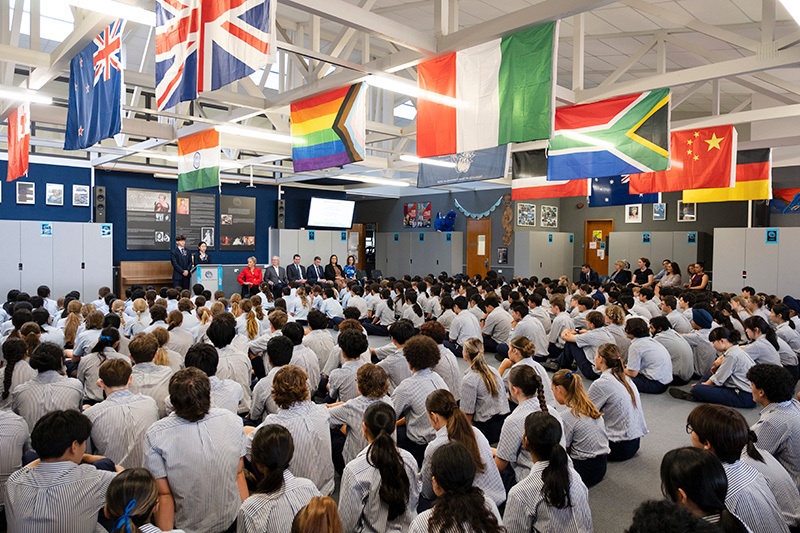 Macleans College students gathered for whānau house assembly in the commons